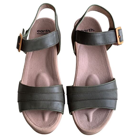 Earth Oak Chestnut Forest Green Leather Platform Sandals Size 9.5 - Picture 1 of 9